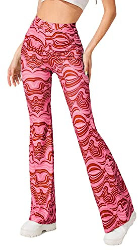 EVELUST Festival Flare Hosen Für Damen - 70er Jahre Outfit Hippie Kleidung Flower High Waist Breite Bein Flair Leggings Rave Disco Kostüm Palazzo Schlaghose Sommer Bell Bottom(Pink, M, 1040w)