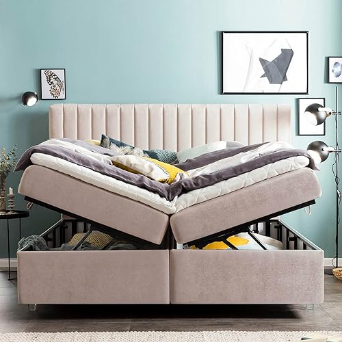 Boxspringbett mit XXL Bettkasten Paris 160x200 Samt, mit Topper, Acryl-Füße, Hotelbett, Polsterbett, 7 Zonen Taschenfederkern-Matratze, Aufbau KOSTENLOS (Rose, 160x200 cm mit Topper)