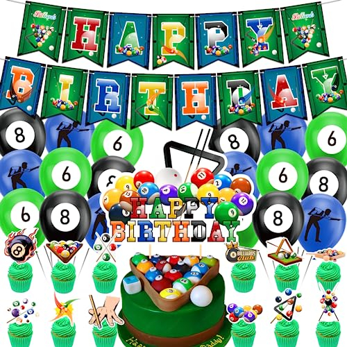 Billard Geburtstag Party Dekorationen - Zubehör umfassen Happy Birthday Banner, Cake Topper, Cupcake Topper, Luftballons für Sport Thema