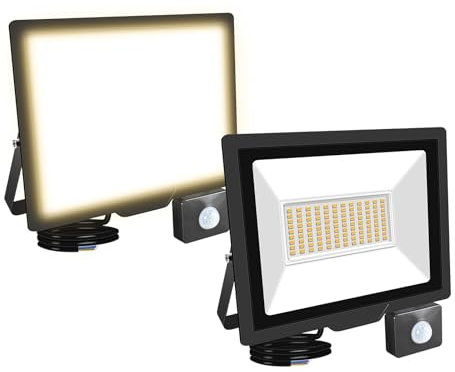 RIGIDON 2x 75W 7500 LM Projecteur d'extérieur Led Avec Detecteur de Mouvement, 3000K Blanche Chaud, IP66 étanche Éclairage de Extérieur, Projecteur led de Patio Garage Terrasse Jardin