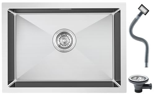 ROVOGO 40 x 50 cm Spülbecken, Küchenspüle aus Edelstahl 304, Einzelbecken mit Siebkorbventil und Überlauf, Gebürstete Spüle Küche Handgefertigte, Einbauspüle 1 Becken Rechteckig