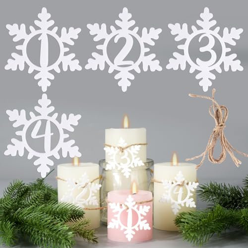 BETESSIN Adventskranz Zahlen 1-4 Adventszahlen Kerzen 1 2 3 4 Advent Zahlen Kerzenhalter Schneeflocke Kerzenanhänger Deko für Adventskranz Acryl Adventskalender Kerzen Zahlen Advent Weihnachtsdeko
