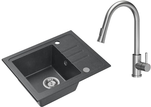 VBChome Spülbecken Granit Schwarz Mit Armatur 55 x 44 cm Einzelbecken Einbauspüle Gesprenkelt Reversibel Granitspüle Siphon Waschbecken Inox