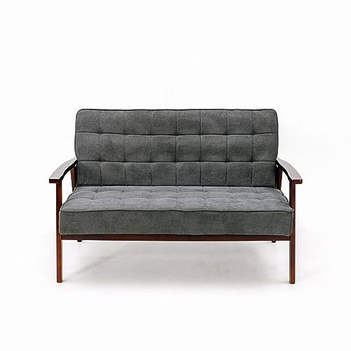 Panana Reception Retro Accent Chair Beech Wood Frame Armchair Occasional Living Room Reception Bedroom Balcony Conservatory Padded (Grey Fabric, Loveseat)