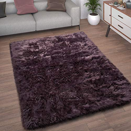 Paco Home Kunstfell Fellteppich Imitat Teppich Hochflor Sitzkissen Herzform Rund Fell Form, Grösse:90 cm Rund, Farbe:Lila