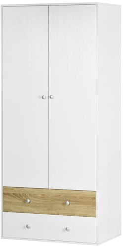 HOMCOM Armario Ropero de Madera Armario para Ropa con 2 Puertas 2 Cajones y 1 Barra para Pender Estilo Moderno para Hogar 80x50x180 cm Blanco y Roble