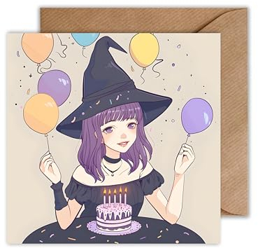 WBdesignz Anime Hexen Karte zum Geburtstag - Manga Geburtstagskarte für Mädchen Otaku Happy Birthday Glückwünsche zum Geburtstag (125 x 125 mm)