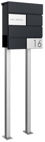 Briefkasten Manufaktur Design Standbriefkasten Kant Edition mit Zeitungsfach - Elegance 3 individuell mit Ihrem Namen & Hausnummer - 120cm Edelstahl-Ständer (RAL 9005 tiefschwarz)