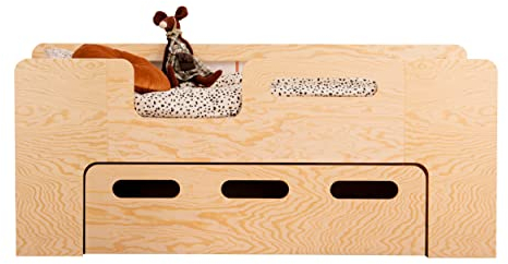 smartwood PIPI L Kinderbett 100x200 mit Lattenrost und Schublade - Holz Kinderbett mit Rusfallschutz für Jungen & Mädchen - Montessori Bett mit Bettkasten und Lattenrost 200x100 cm - Naturalholz