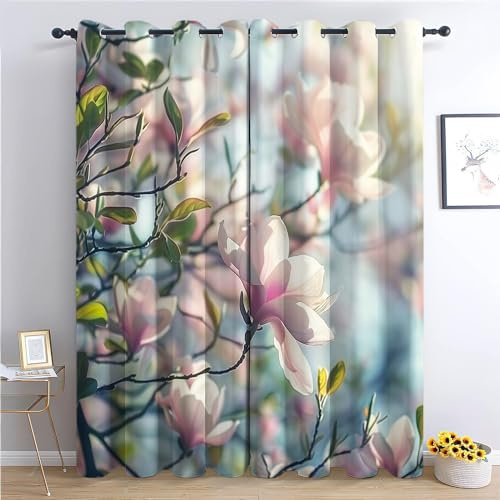 Bunt Verdunkelungsvorhänge mit Muster, Pflanze Blume Magnolie Schall- und Wärmereduzierend Vorhänge, 140x160 cmThermo-Gardinen mit Ösen für Schlafzimmer