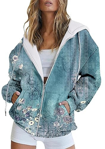 Zipped Hoodies For Women Plus Size | Ladies Sweatshirts With Pockets Vintage Print Hood Drawstring Cosy Warm Long Sleeve Tops Women Casual Baggy Hoodies
