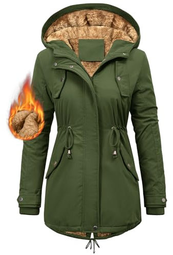 Nadeer Parka Donna Invernale Cappotti Caldo Giacca con Cappuccio Media Lugghezza Hoodies Impermeabile Cappotto Imbottito Giubbotto con Tasche(Verde militare,M)