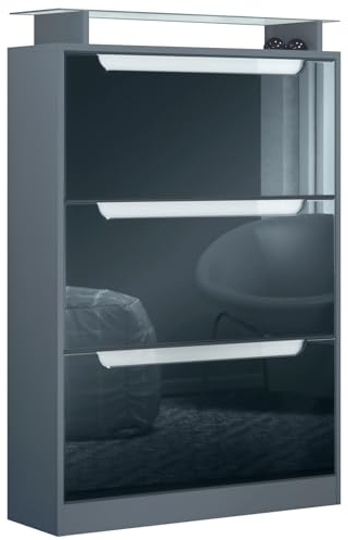 Vladon Shoe cabinet Space, shoe tipper for 24 pairs of shoes with 3 flaps and glass shelf, matte anthracite./black high gloss (89 x 128 x 23 cm)