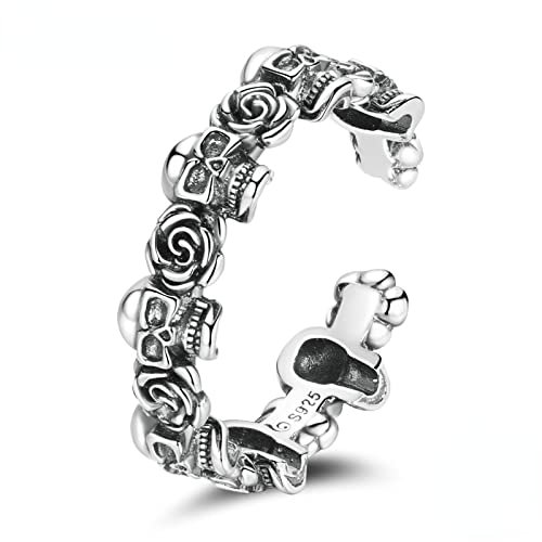 Bagues argent sterling 925 avec tête mort et rose, bijoux ouverts hommes et femmes