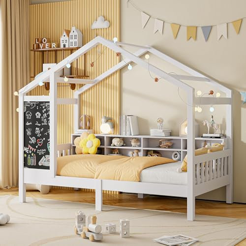 Kinderbett Hausbett 90 x 200 cm, Jugendbett für Mädchen & Jungen Holzbett mit Tafel und 2 Schubladen, Massivholz mit Zaun und Lattenrost, Weiß (ohne Matratze) (Typ A)