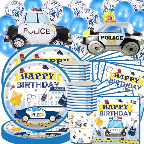 77Stk Polizei Geburtstag Party Geschirr Set, Kindergeburtstag Dekoration Zubehör, Polizei Party Dekorationen für 20 Personen, Teller Tassen Tücher Auto Folie Ballons Latex Ballons