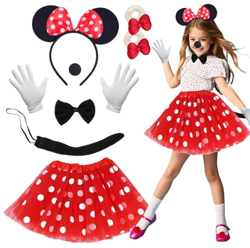 Xerteam Mouse Costume Kids, 7 Pcs Mini Mouse Outfit Girls, Red Tutu Skirt + Mouse Ears Headband + Nose + Tail + Bow Tie + Gloves + Bow Hair Band, Girls World Book Day Costumes Fancy Dress Halloween