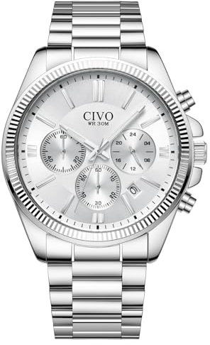 CIVO Uhren Herren Edelstahl Chronograph: Silber Armbanduhr Herren mit Datum - Wasserdicht Analog Quarz Uhr Mode Casual