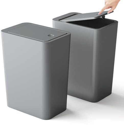 2PCS Bedroom Bin,Push Button Thin Trash Can10L Slim Bathroom Bin with Lid, Anti-Odour Narrow Waste Dog Proof Garbage Can for Bathroom,Office,Living Room,Kitchen,Toilet (Grey)
