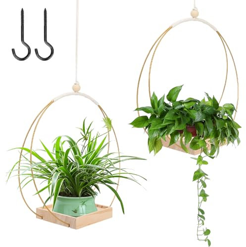 Les-Theresa 2Pcs Hanging Plant Pots Indoor Ceiling Hanging Plant Holder with Wood Base, Plant Hanger Window with 2 Hooks Plant Pot Hangers, Hanging Basket Indoor Outdoor Home Decor (Gold&wooden)