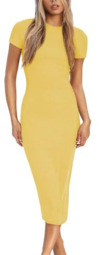 LACOZY Summer Bodycon Dresses for Women 2025 Casual Midi Short Sleeve Dresses Sexy Slim Fit Going Out Party Mini Dresses Yellow
