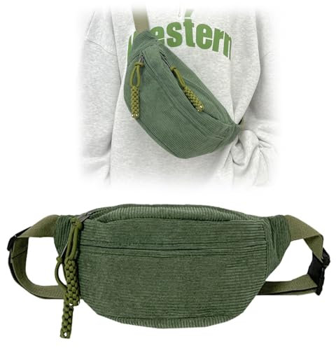 Bauchtasche Cord Umhängetasche Cord Modische Hüfttasche Freizeit Sport Hüfttaschen Crossbody Bag Grün mit Schultergurt Einstellbar Unisex für Damen, Herren