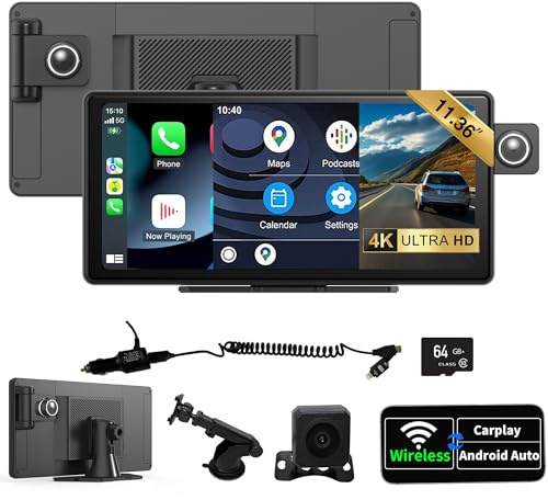 SCUMAXCON Portable 11.36 Car Stereo Wireless CarPlay Android Auto 4K Dash Cam with Backup Cam Airplay IPS Touchscreen Loop Recording GPS Navigation Bluetooth Miracast FM AUX Built in Speaker