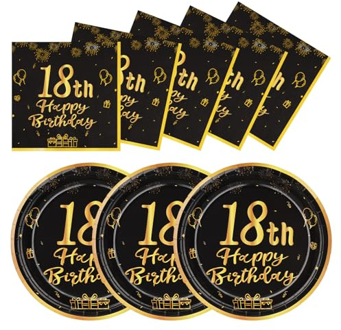 LAWALEISHE 18th Happy Birthday Paper Plates and Napkins, Black Gold 9 Disposable Strong Plates for Parties, 48pcs Party Tableware Set 24 Guests, Birthday Supplies for Table Decorations