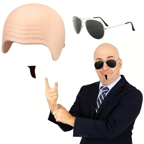 YceLon Pitbull Kostüm Set, Bald Cap Pitbull Mit Sonnenbrille Und Fake Bart, Glatzenkappe Pitbull Für Party Und Cosplay, Einheitsgröße, Hautfreundliche Materialien