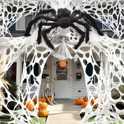 Spetsbst 4m Halloween Spinnennetz mit 50cm Spinne Groß Halloween Deko Selbstgeschnittenes Spinnennetz Dehnbares mit Bodennägeln Netz-Dekoration zum Selbermachen für Party Spukhäuser Garten Dekoration
