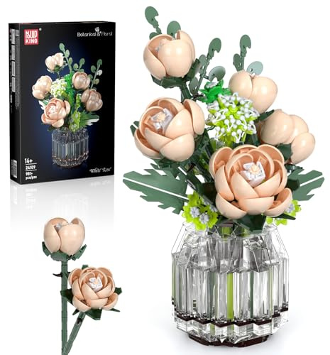 Mould King 24109 Klemmbausteine Blumen Rosa Rosen Blumen Bausteine mit Vase Pflanzen Bausteine Botanical Collection Geschenk für Erwachsene (981 Teile)