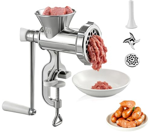 LOMUG Manuelle Fleischmühle, Fleischwolf Manuell Edelstahl Wurstfüller mit Tischklemme,Wurstfüllmaschine Wurstpresse Manueller Fleischwölfe mit Wurströhren für Zuhause Küche Restaurant Metzgergeschäft