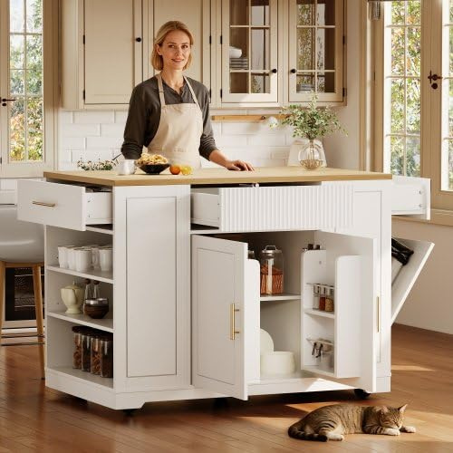 kozamas Îlot de cuisine avec compartiment poubelle, chariot de cuisine mobile avec 2 portes et 3 tiroirs, roulettes, étagères réglables, 120 x 50 x 92 cm, blanc