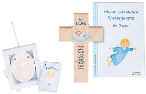 MaMeMi Tauf-Geschenkset für JUNGEN – mit HOLZ-KREUZ 15 x 9 cm, GEBETSBÜCHLEIN & SCHUTZENGEL – Taufgeschenk-SET in BLAU – religiöses ERINNERUNGSGESCHENK zur TAUFE