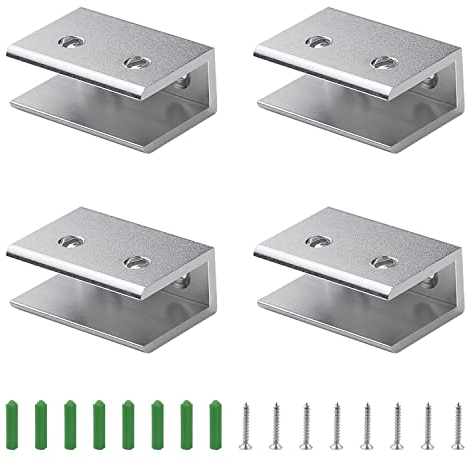 Morsetto di Vetro, FINELYCR 4 Pezzi Argento Supporto Vetro, Reggimensola in Vetro in Alluminio, con Viti Antiscivolo, Viti di Montaggio e Tasselli ad Espansione, Resistenti All'umidità