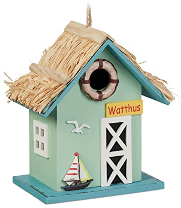 Relaxdays Deko Vogelhaus, Strandhausstil, Holz, zum Aufhängen, HxBxT: 24,5 x 19 x 13,5 cm, Vogelvilla für Garten, bunt