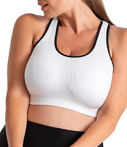 SHAPERMINT Sports Bras for Women - Workout Bras for Women, Plus Size Sports Bra, High Support, White With Black Trim, L