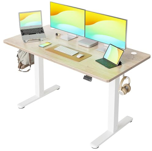 Cubiker 140 x 60 cm Schreibtisch Höhenverstellbar Elektrisch, Stehpult T-Beine aus Stahl mit Funktions-Memory-Steuerung, Anti-kollisions System, Gefleckte Eichenholzfurnier Tischplatte