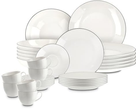 Peill+Putzler Germany, Kombiservice für 6 Personen aus Porzellan 30-teiliges Geschirrset in weiß mit schwarzem Rand 6xDessertteller, 6xKaffeetassen, 6xKaffeeuntertassen, 6xSpeiseteller, 6xSuppenteller