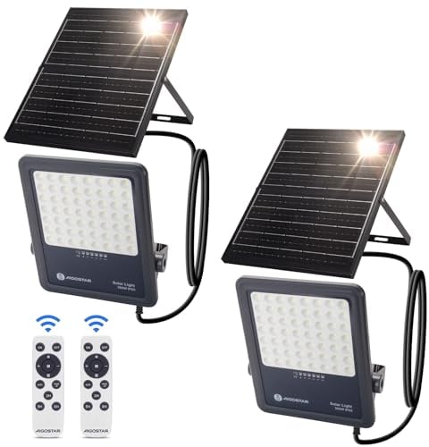 Aigostar Solarstrahler mit Fernbedienung,300W,3000lm,6500K kaltweißes Licht,IP65 wasserdichter Außenstrahler,sehr gut geeignet für Außengärten,Terrassen,Wege oder Garagen,2 m Kabellänge,2 Stück
