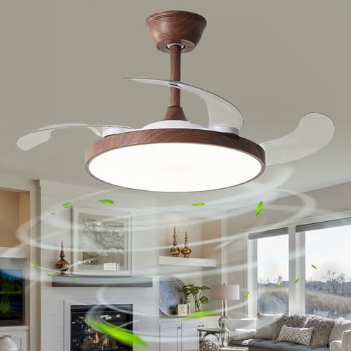 Lampadario Con Ventilatore Da Soffitto Invisibile, Pale Retrattile Lampadario Con Ventola Dimmerabile Moderno, Plafoniera Ventilatore Reversibile Salotto Camera Per Bambini-Faux woodgrain||95cm
