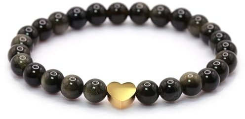 Echtes Goldobsidian Edelstein Armband mit 6mm Perlen und Edelstahlherz - verschiedene Längen - Heilstein Schutzstein Talisman Glücksbringer Geschenk (Goldobs., 18CM)
