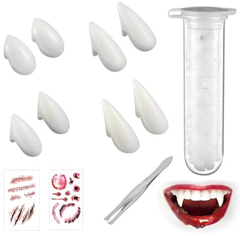 TFSZE Vampir Zähne Kit 4 Größen,4 Paare Vampir Zähne Reißzähne+1 Rohr Pellets Klebstoff+2 Bögen Halloween Tattoo,Zahnersatz Stütze Dekoration,Für Halloween Gefälligkeiten Und Passend Zum Horror Kostüm