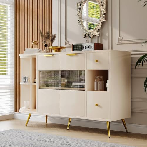 Buffet, Armoire de Rangement avec Portes coulissantes en Verre et éclairage LED, Commode en Bois Armoire autoportante (Beige)