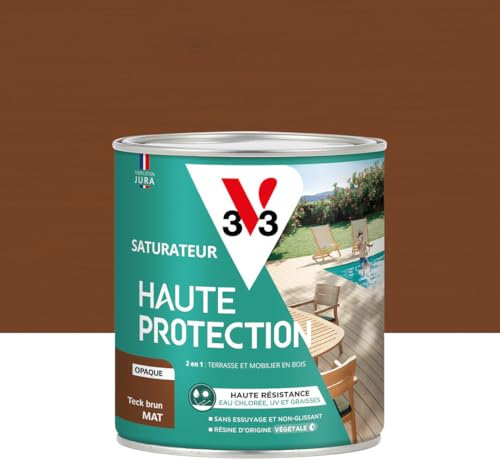 V33 Saturateur bois extérieur Teck brun mat - Pour terrasses et mobilier de jardin - Haute résistance eau chlorée, UV et graisse - Sans essuyage et non glissant - Résine d'origine végétale - 0,75L