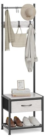 Leader Accessories Garderobenständer mit Bank Platzsparendes Design Metallgarderoben rustikal Kleiderständer 154x30x45cm (HxTxB) Schwarz/Hellgraue Holzmaserung