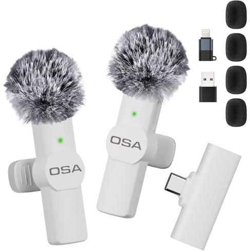 OSA Micrófono de Solapa inalámbrico USB-C para iOS/Android/PC/computadora portátil, micrófono inalámbrico para transmisión en Vivo, Vlogs, Youtube, micrófono con Clip Plug-Play, Color Blanco