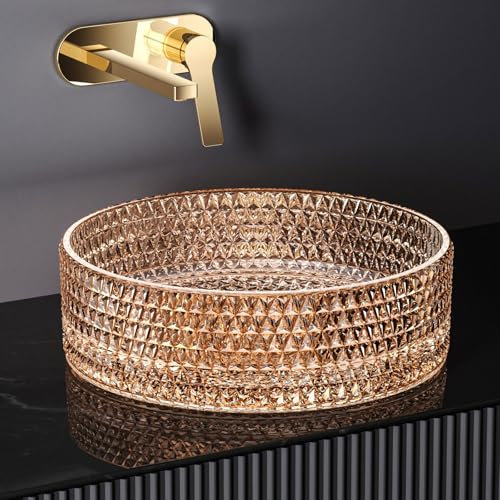 EMKE Aufsatzwaschbecken Glaswaschbecken Rund, Waschbecken Glas Transparent Roségold, 36 x 36 x 11,2 cm, Hochwertiges Handwaschbecken für Badezimmer & Gäste-WC, Waschschale ohne Hahnloch