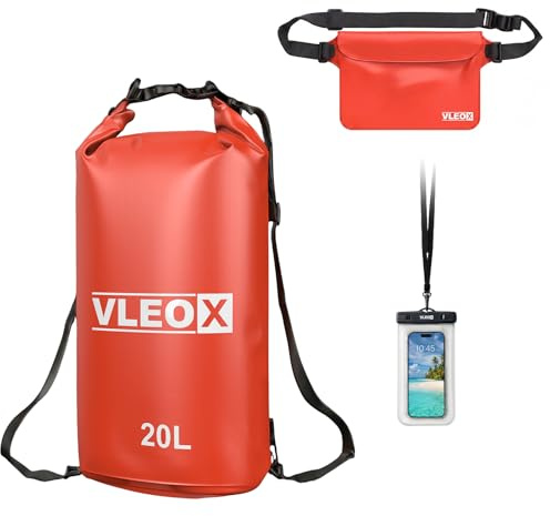 vleoX Dry Bag Set, 10L/20L Wasserdicht Rucksack mit Wasserfester Tasche | Dry Bag Set, 10L/20L Wasserdicht Rucksack mit Handytasche, Waterproof Backpack für Wassersport/Kajak Fahren/Wandern/Camping