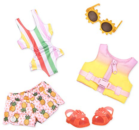 Glitter Girls Deluxe Puppenkleidung 36 cm Puppen Strand und Pool Outfit – Badeanzug, Sonnenbrille, Rettungsweste – Zubehör für Puppen, Spielzeug ab 3 Jahren